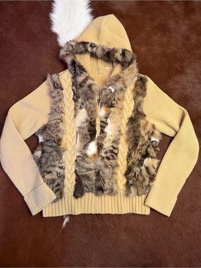 Gaby & Eden Full-Zip Hooded Sweater Jacket Cream with Genuine Rabbit Fur